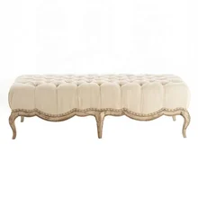 Hot Selling Custom French Antique Bedroom White Fabric Wooden Tufted Ottoman Bed Stool Bench
