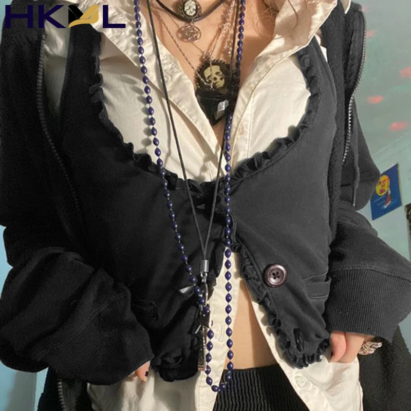 Женские майки в стиле Харадзюку Y2K, вязаный корсет на пуговицах, топ, винтажный черный милый укороченный топ с оборками, мини-жилет без рукав...
Женские майки в стиле Харадзюку Y2K, вязаный корсет на пуговицах, топ, винтажный черный милый укороченный топ с оборками, мини-жилет без рукав...