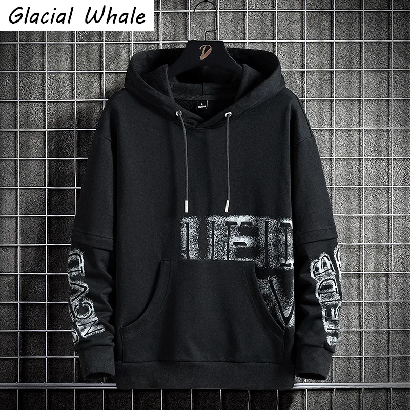 

GlacialWhale Mens Hoodies Men 2022 New Winter Patchwork Sweatshirt Oversized Streetwear Hip Hop Male Harajuku Black Hoodies Men