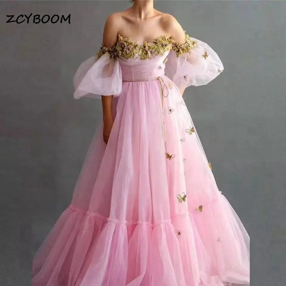 Tulle Pink Off The Shoulder Floral Appliques Sweetheart Prom Dresses With 1/2 Sleeves Long Formal Dress Evening Party Gowns 2022
Tulle Pink Off The Shoulder Floral Appliques Sweetheart Prom Dresses With 1/2 Sleeves Long Formal Dress Evening Party Gowns 2022
