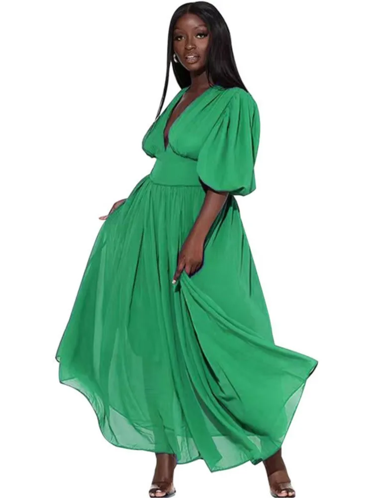 Long African Dresses Women High Waist V Neck Puff Sleeve Robes Africa Clothing Summer New Solid Dashiki African Party Dress 2022 
Long African Dresses Women High Waist V Neck Puff Sleeve Robes Africa Clothing Summer New Solid Dashiki African Party Dress 2022