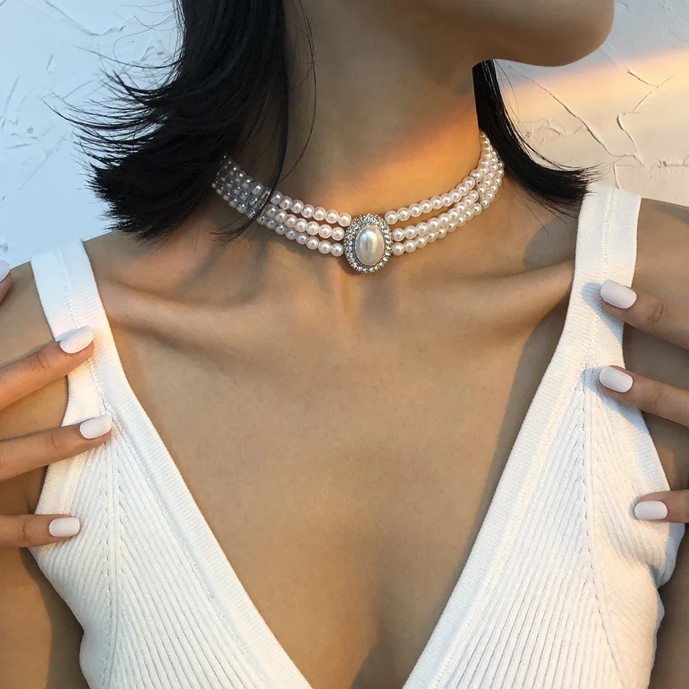 

Новое винтажное элегантное простое многослойное жемчужное ожерелье Женская короткая Шейная цепочка на шею