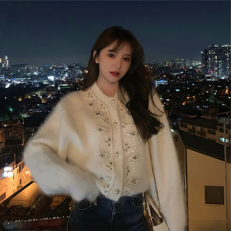 Fake Mink Beaded White Cardigan Sweater Coat Autumn Winter Thick Mohair Cardigan Korean Loose Sweet Knitted Cardigan Tops 2023
Fake Mink Beaded White Cardigan Sweater Coat Autumn Winter Thick Mohair Cardigan Korean Loose Sweet Knitted Cardigan Tops 2023
