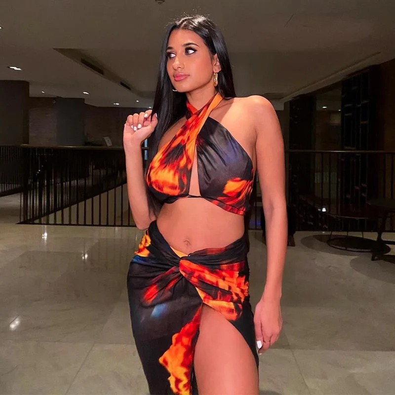 2022 Summer Women Sexy Split Midi Skirt Set Spring Sleeveless Neck-mounted Strap 2 Piece Set Tie Dye Printed Bodycon Slim Female 
2022 Summer Women Sexy Split Midi Skirt Set Spring Sleeveless Neck-mounted Strap 2 Piece Set Tie Dye Printed Bodycon Slim Female