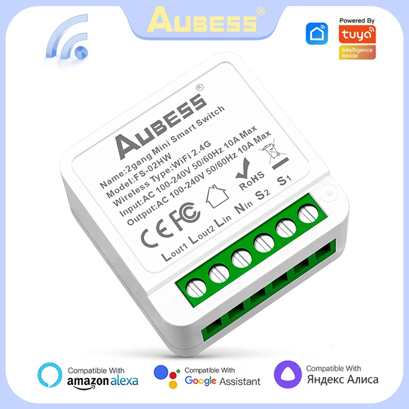 Умный выключатель Aubess 2 клавиши Wi-Fi двухстороннее управление поддержка Tuya Smart Life
