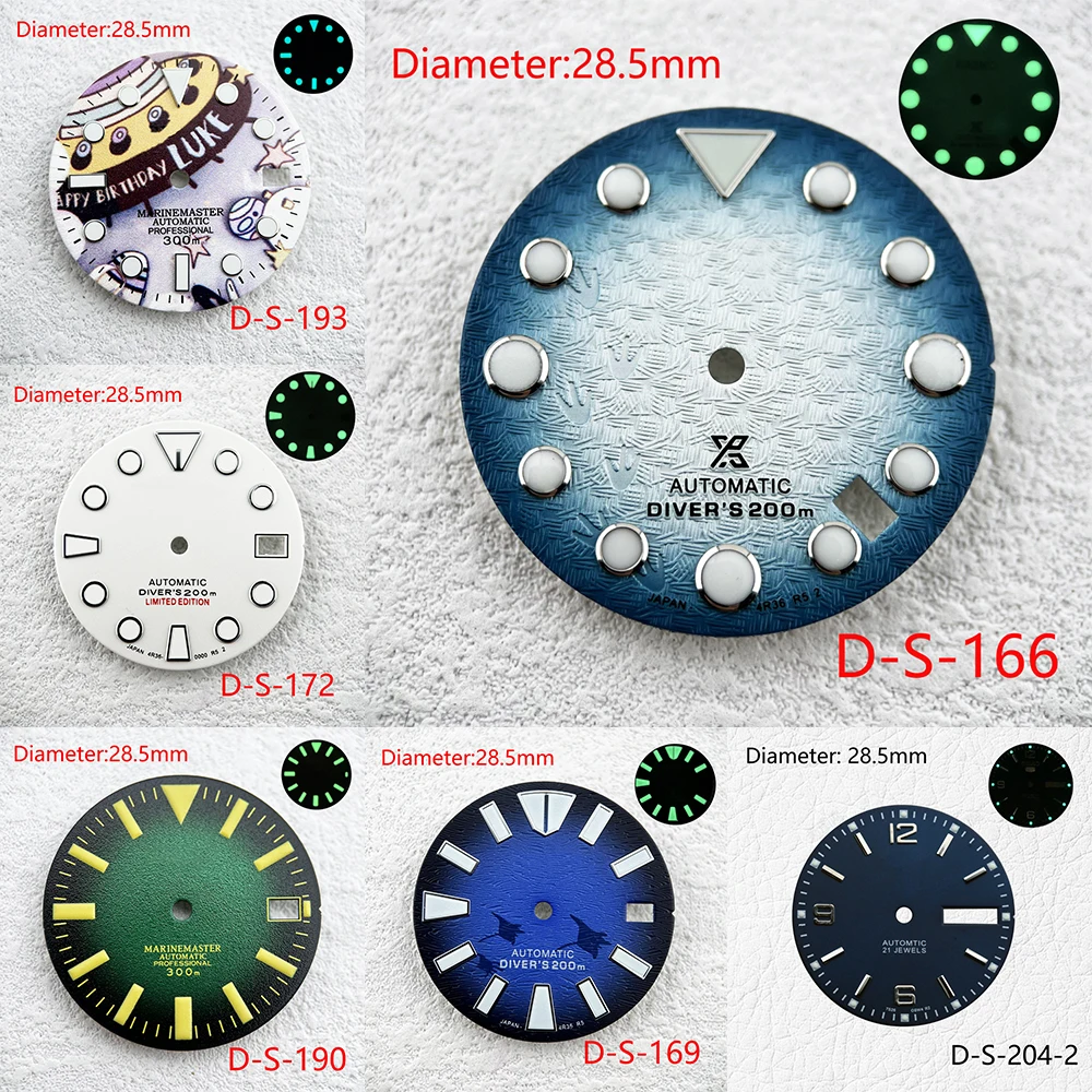

28.5mm S Logo Frosted Dive Dial Double Calendar Fit NH35/NH36 Movement Green/Blue Luminous Watch Modification Accessories