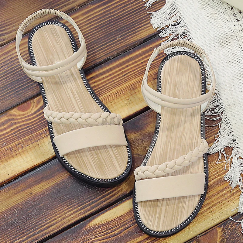 

2022 Women Casual Ankle Buckle Sandals Rome Style Shoes Summer Fashion Flock Woven Open Toe Narrow Band Flat Beach Sandals