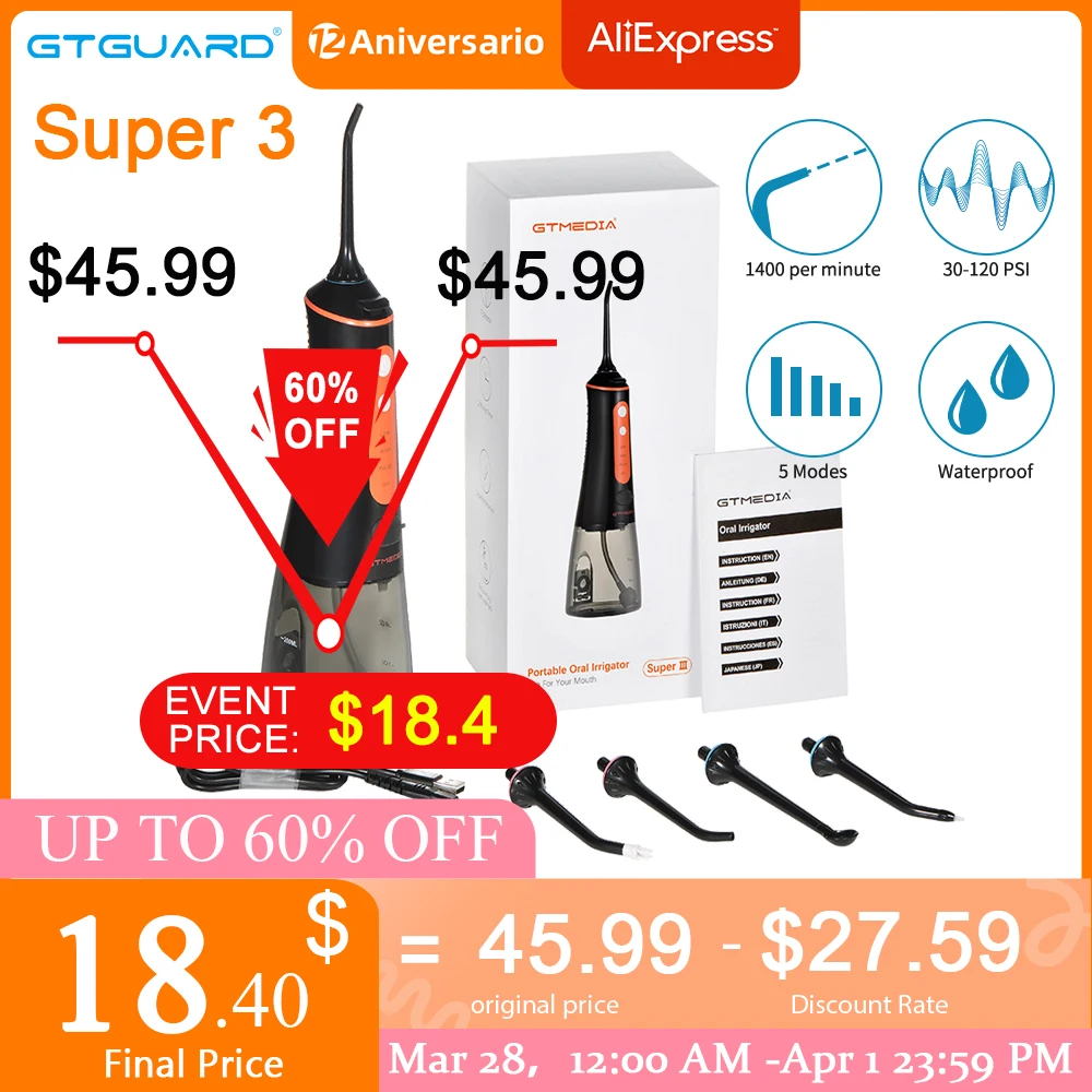 Oral Irrigator USB Rechargeable Water Flosser Portable Dental Water Jet 300ml Irrigator Dental Teeth Cleaner+5 Jet GTEMDIASUPER3
Oral Irrigator USB Rechargeable Water Flosser Portable Dental Water Jet 300ml Irrigator Dental Teeth Cleaner+5 Jet GTEMDIASUPER3