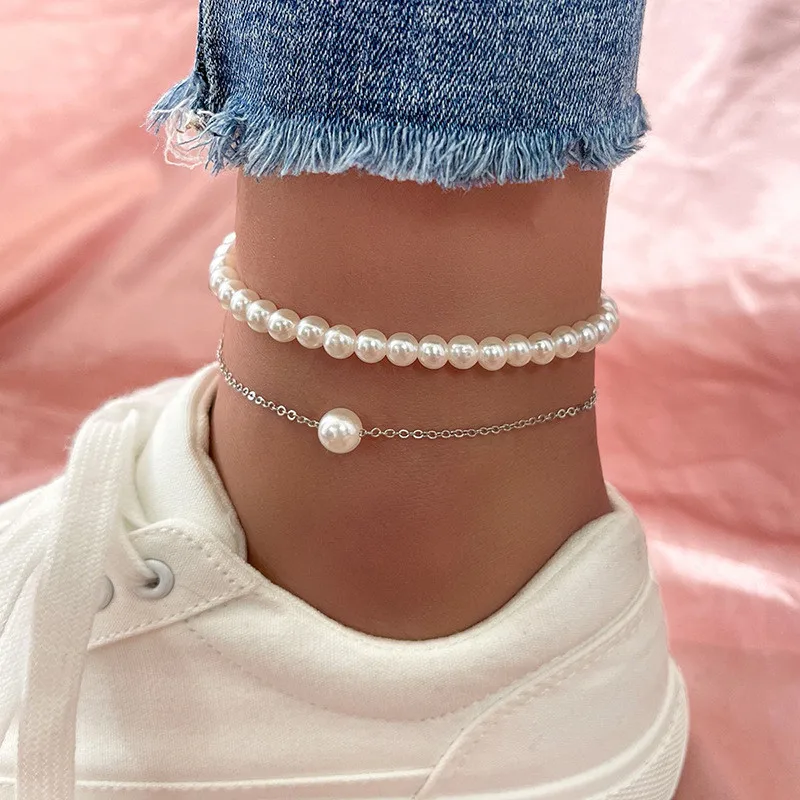 

LETAPI Fashion Pearl Anklet Women Ankle Bracelet Beach Imitation Pearl Barefoot Sandal Anklet Chain Foot Jewelry