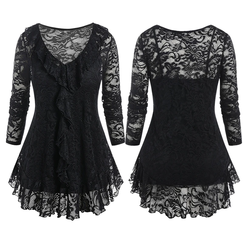 

ROSEGAL Sheer Lace T-shirt Tank Top Twinset Female Fall,Spring Clothes 4XL Black Ruffled Lace Blouse And Camisole Two Pieces Set
