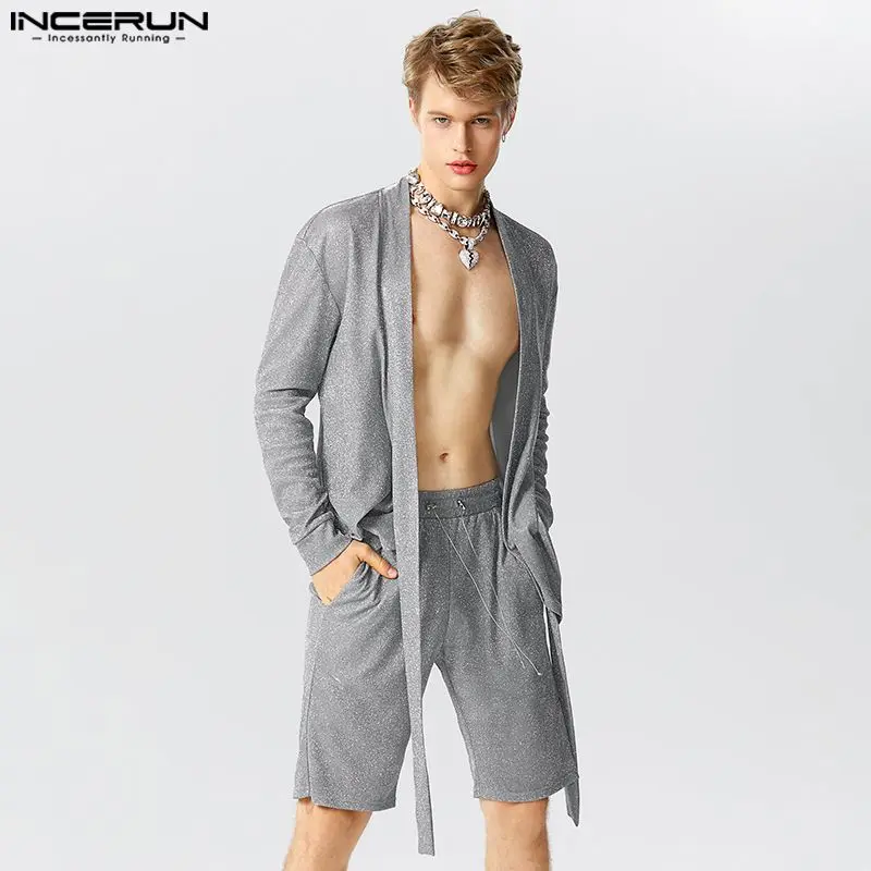 INCERUN Men Sets Solid Sparkling Long Sleeve Irregular Shirt Cardigan & Shorts 2PCS Streetwear 2023 Loose Casual Men Suits S-5XL 
INCERUN Men Sets Solid Sparkling Long Sleeve Irregular Shirt Cardigan & Shorts 2PCS Streetwear 2023 Loose Casual Men Suits S-5XL