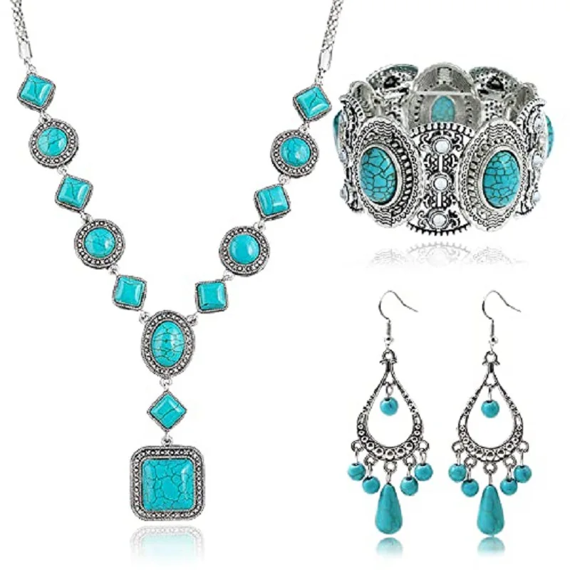 Fashion Vintage turquoise Drop pendant necklace Boho ethnic style jewelry Necklace Bohemia bracelet luxury jewelry set 2022
Fashion Vintage turquoise Drop pendant necklace Boho ethnic style jewelry Necklace Bohemia bracelet luxury jewelry set 2022