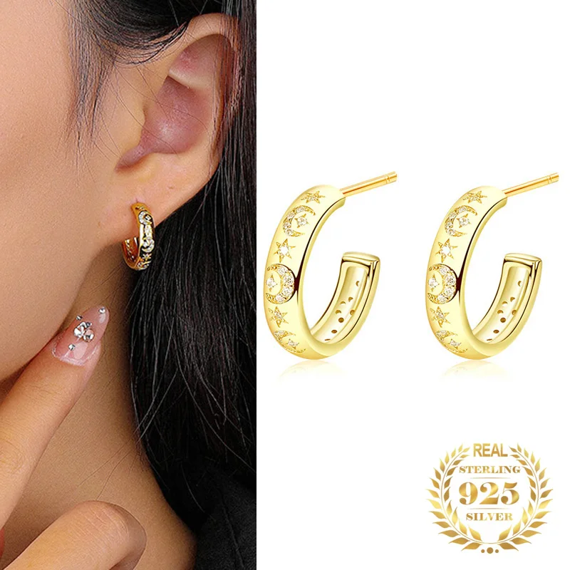 Vintage Large Charm C Shape Moon Star Zircon Stud Hoop Earrings Women 925 Sterling Silver Luxury Jewelry 2023
Vintage Large Charm C Shape Moon Star Zircon Stud Hoop Earrings Women 925 Sterling Silver Luxury Jewelry 2023