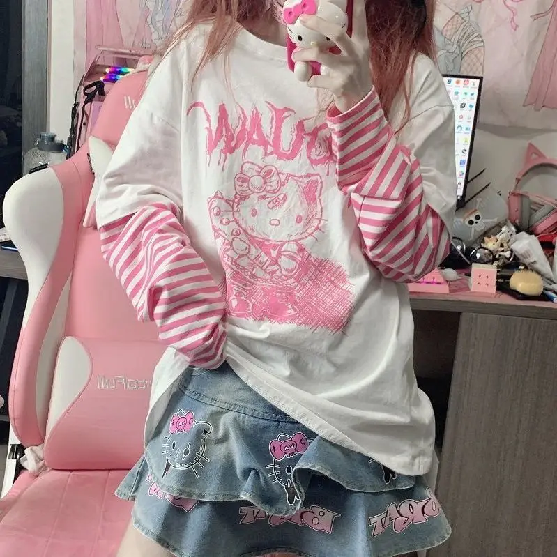 Женская футболка с длинным рукавом Hello Kitty y2k милый топ в японском и