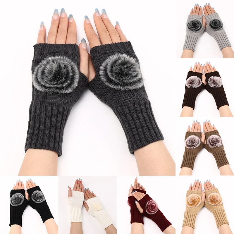 

Soft Faux Fur Hairball Gloves Half Finger Gloves For Women Winter Warm Wool Knitting Arm Gloves Wrist Warmer Fingerless Gloves