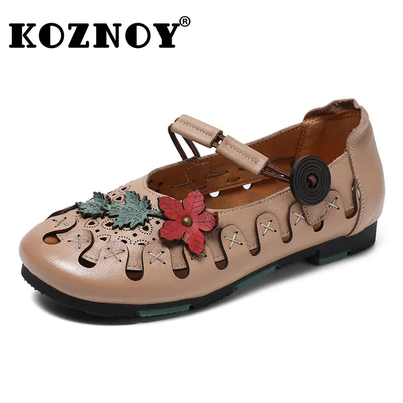 

Koznoy 2cm Cow Genuine Leather Women Summer Flats Sandals Hollow Slip on Appliques Designer Ladies Comfy Fashion Ladies Shoes