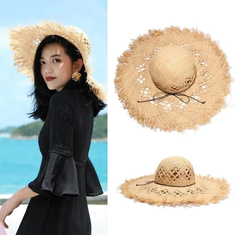 

Fashion Women Summer Natural Raffia Hat Girl Ribbon Hollow out Sun Hats Floppy Shading Panama Wide Brim Vacation Beach Straw Hat