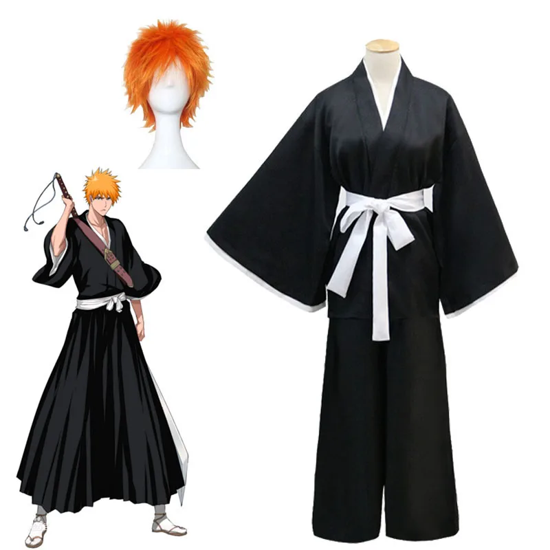 

Anime BLEACH Kurosaki Ichigo Cosplay Costume Shinigami Death Kimono Soul Reaper Full Set Halloween Tops Pants Sash Kuchiki Rukia