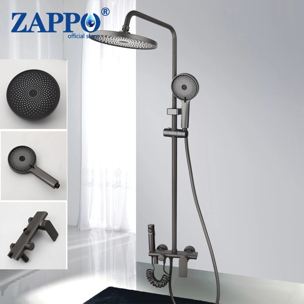 

ZAPPO Bathroom Gun Grey Shower Faucet Set w/ Hand Sprayer Rainfall Round Shower Head Tub Mixer Bath 4 Function Shower Systerm