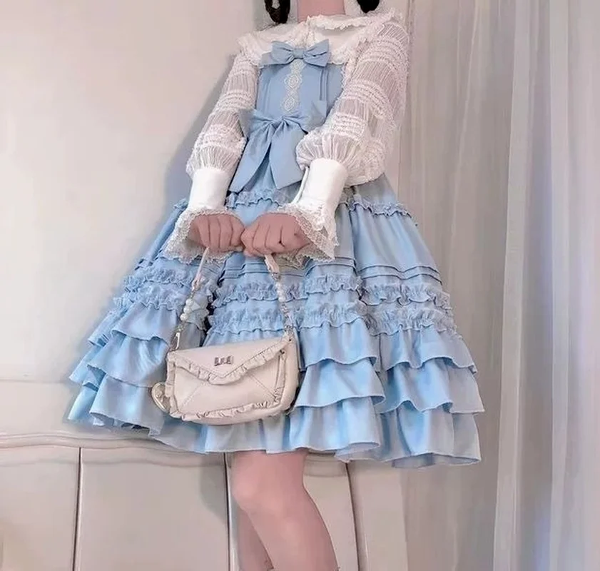 

Милое синее викторианское милое голубое Лолита, Берлин, милое винтажное праздничное платье принцессы Jsk без рукавов с бантом и кружевом
