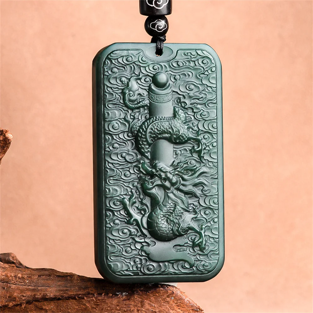 

Vintage Natural Black HeTian Jade Carved Fortune Cloud Dragon Lucky Pendant Amulet Necklace Certificate Luxury Jade Jewelry Gift