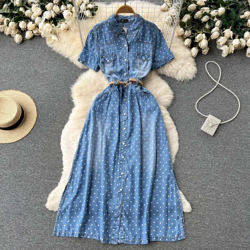 Women Vintage Dot Print Denim Dress Lace Up Waist Slim Single Breasted Elegant Short Sleeve Jeans Dresses Casual Vestidos G617
Women Vintage Dot Print Denim Dress Lace Up Waist Slim Single Breasted Elegant Short Sleeve Jeans Dresses Casual Vestidos G617