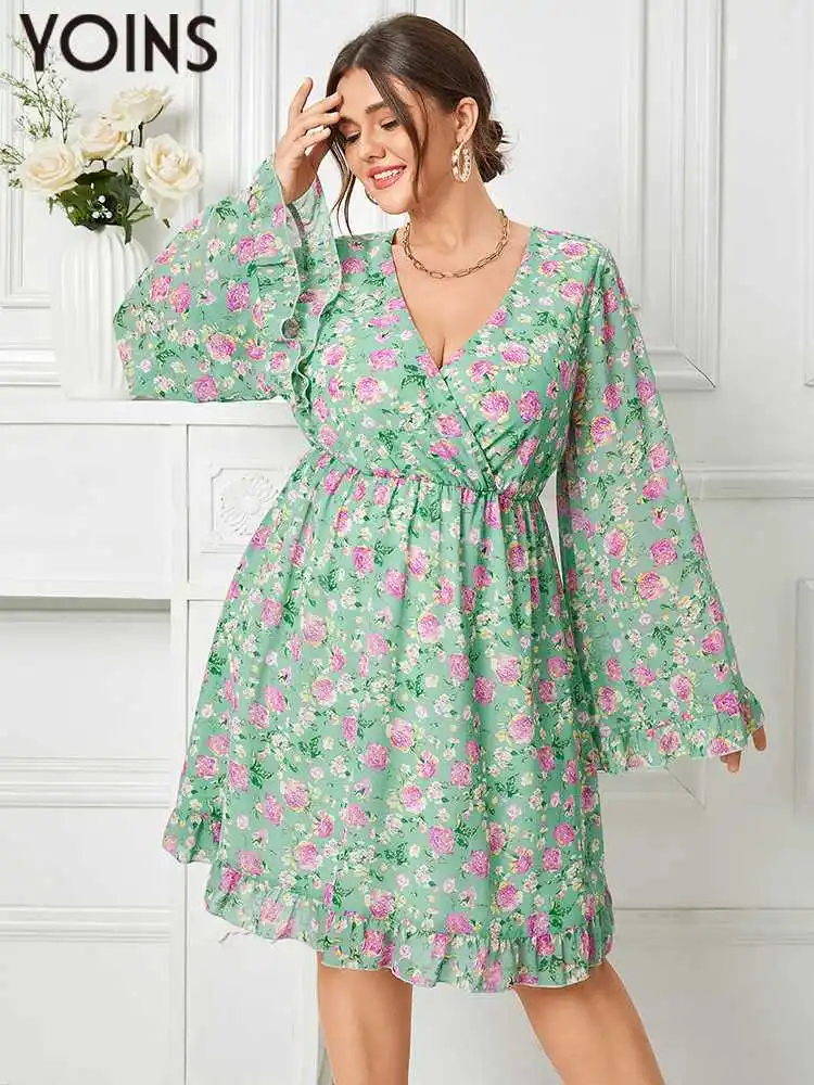 

YOINS 2023 Women Dress Plus Size Bohemian Party Long Sleeve Ruffle Floral Print V-neck Elegant Fashion Knee Length Vestidos