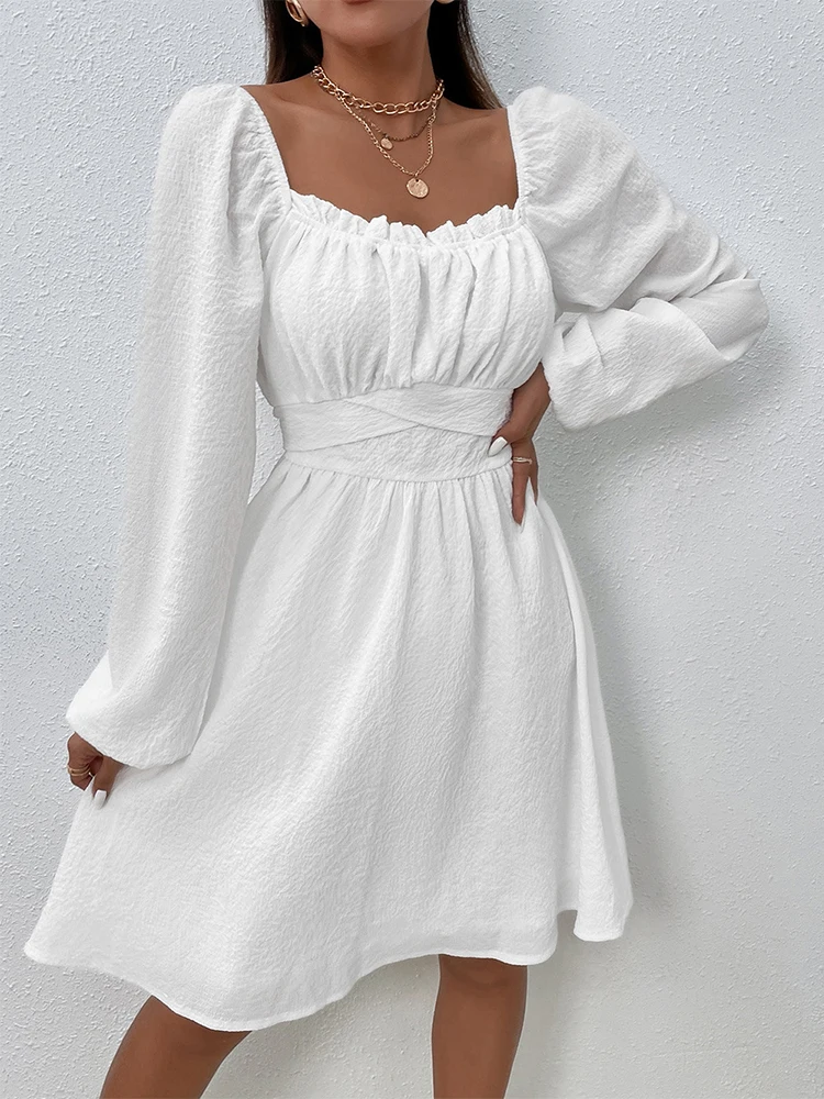 

White Dress Women Pullover Square Neck Long Sleeve High Waist Lace-up A-line Dress Tweed Frill Trim Knot Back Spring Dress