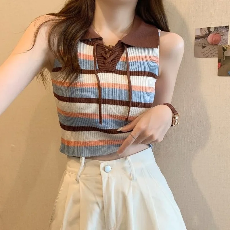 Sexy backless knitted crop top off-shoulder bow tie vest sleeveless all-around slim fit striped stitching vest women hot sale
Sexy backless knitted crop top off-shoulder bow tie vest sleeveless all-around slim fit striped stitching vest women hot sale