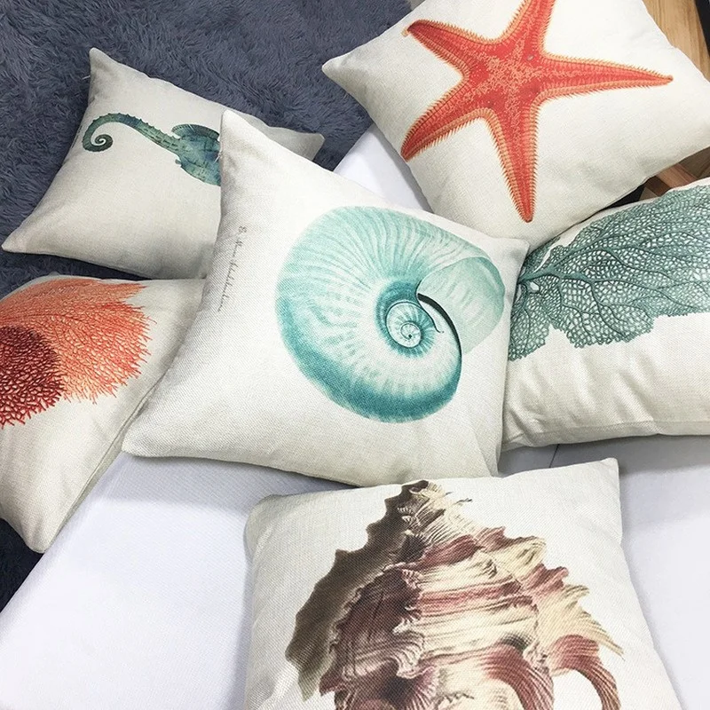 

Ocean Style Cotton Linen Cushion Cover 45x45cm Conch Shell Seahorse Starfish Printed Pillow Covers Home Decor Throw Pillowcase