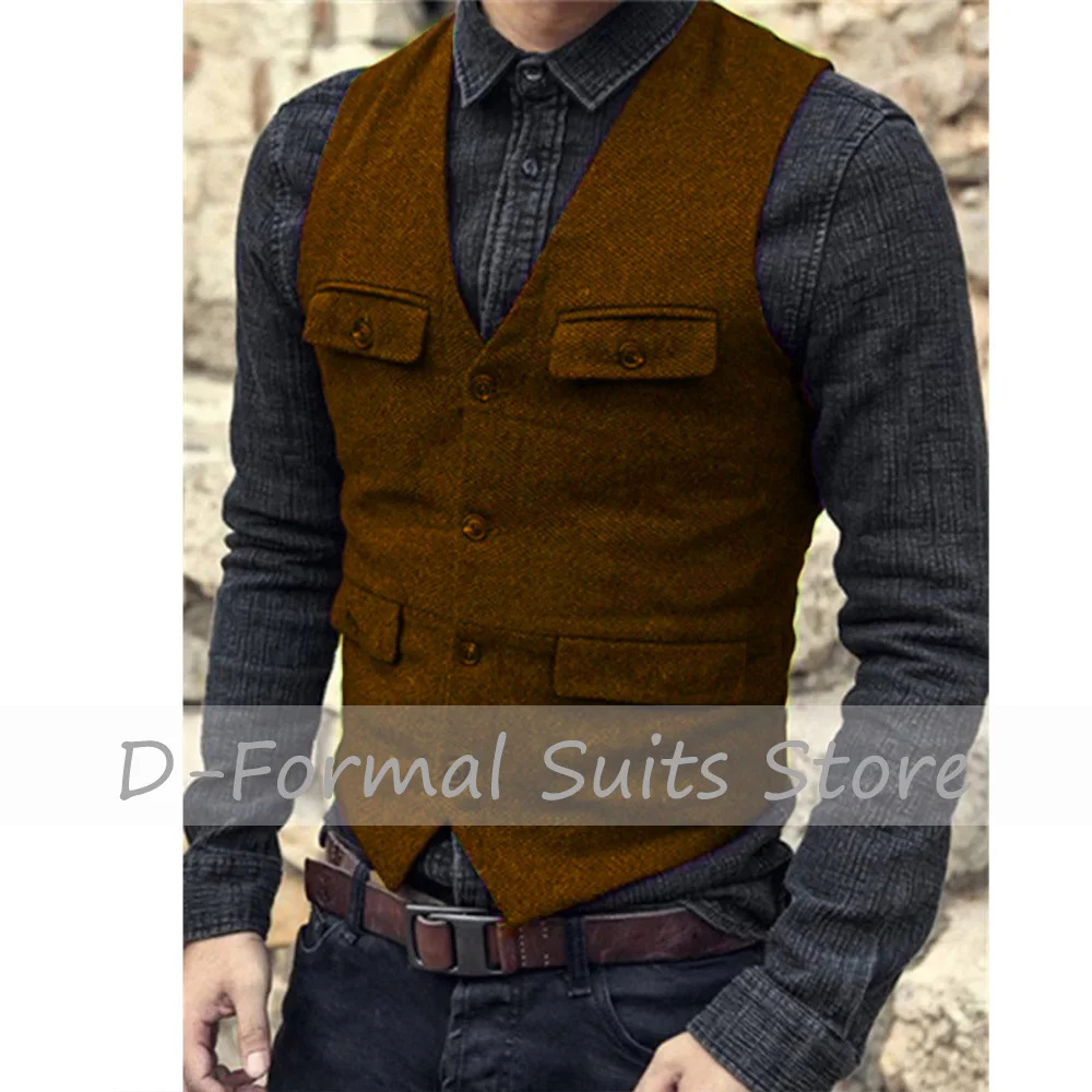 

Men's Suit Vest Brown Burgundy Herringbone Wool Tweed Vintage Steampunk Waistcoat Formal Business for Wedding سترات بدون أكما