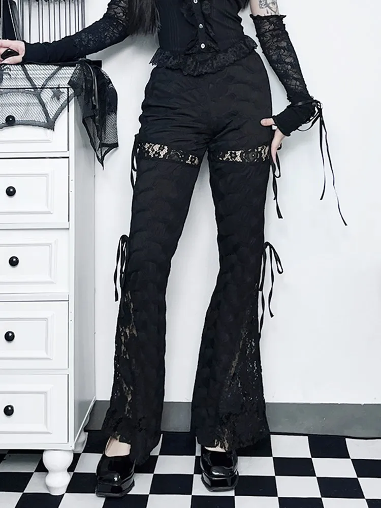 

Women Gothic Steampunk Pants Lace Floral Patchwork Textured Pull-Out High Waist Harajuku Streetwear Punk Grunge Trousers