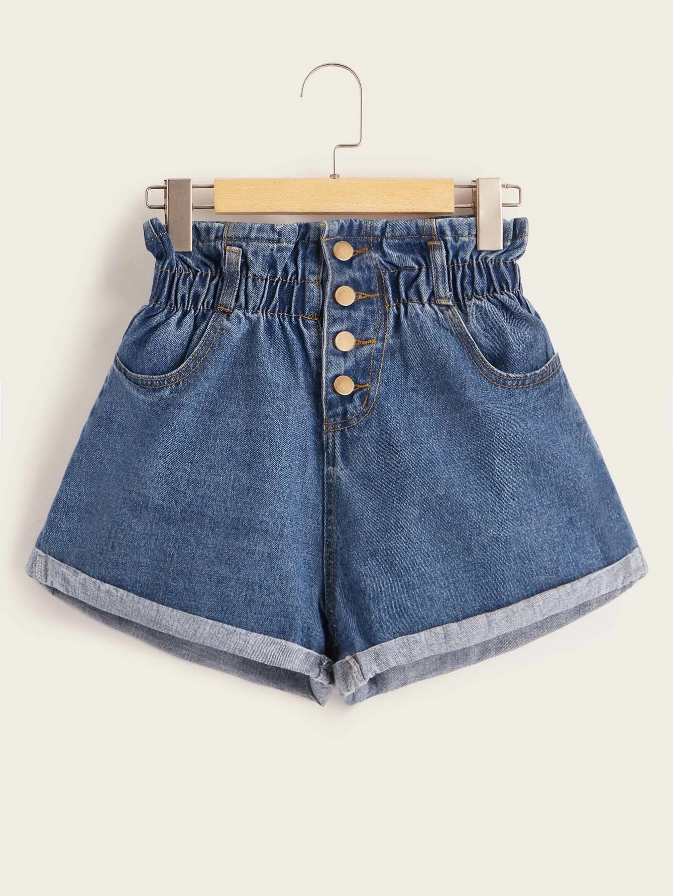 

Paperbag Rolled Hem Denim Shorts