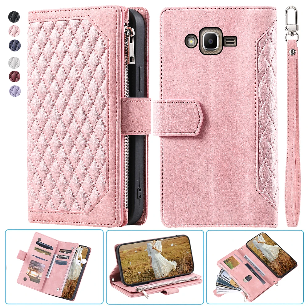 

For Samsung J2 ACE Fashion Small Fragrance Zipper Wallet Leather Case Flip Cover Multi Card Slots Cover Folio with Wrist Strap