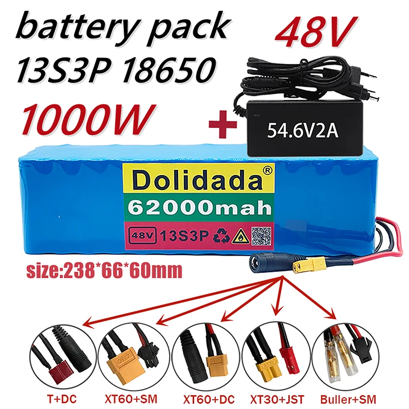 48V 62000mAh 1000w 13S3P 48V Lithium ion Battery Pack For 54.6v E-bike Electric bicycle Scooter with BMS+54.6V Charger 
48V 62000mAh 1000w 13S3P 48V Lithium ion Battery Pack For 54.6v E-bike Electric bicycle Scooter with BMS+54.6V Charger
