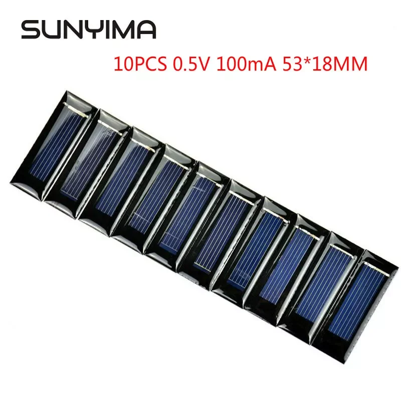 NEW SUNYIMA 10PCS 0.5V 100mA 53*18MM Solar Panel Epoxy Polycrystalline DIY Battery Power Charger Mini Solar Cell Hot Sale
NEW SUNYIMA 10PCS 0.5V 100mA 53*18MM Solar Panel Epoxy Polycrystalline DIY Battery Power Charger Mini Solar Cell Hot Sale