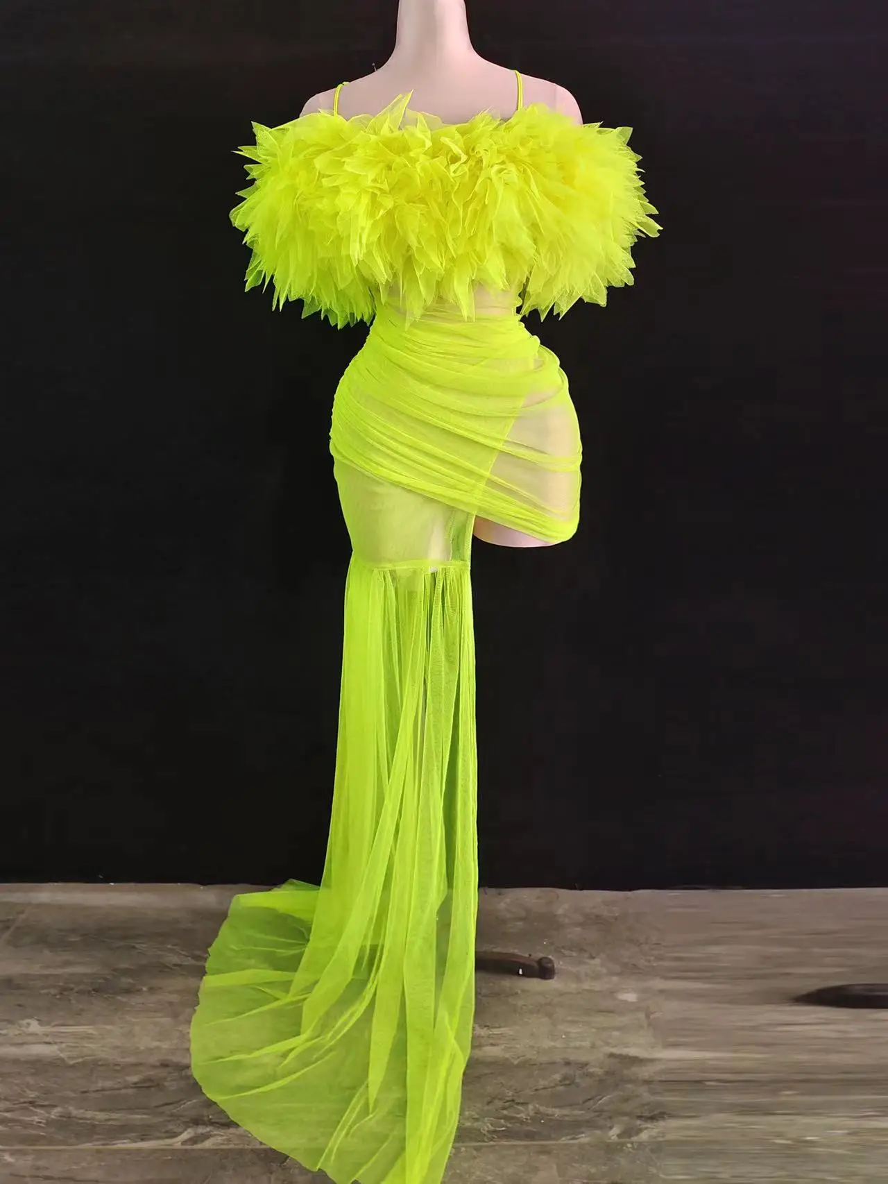 

Fluorescent Green Off Shoulder Transparent Trailing Dress Women Singer Concert Catwalk Party Dress Nightclub Show Stage Costume