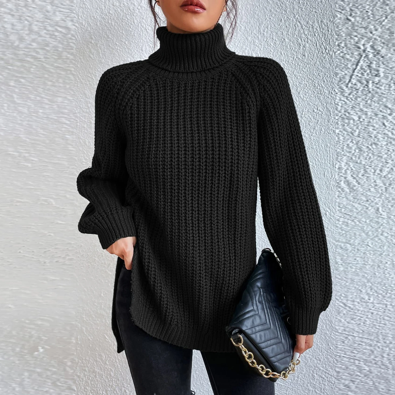

Женский пуловер с высоким воротником, однотонный джемпер с рукавом реглан и разрезом сбоку, модная удобная простая женская одежда