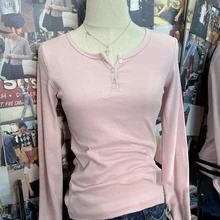 Vintage Button Ribbed Long Sleeve Tees Women Autumn Casual Round Neck Pink Cotton Y2k Tops Vintage Sweet Slim T Shirt For Women