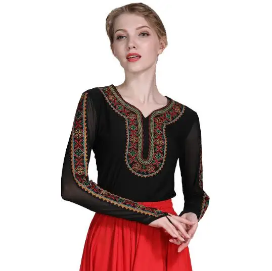 

China Xinjiang Uyghur Dance Tops Women Spring T Shirt Stage Performance Embroidered Folk