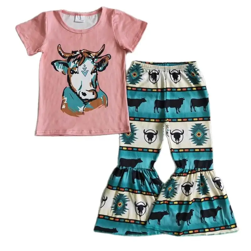 

Женская одежда для маленьких девочек, футболка с коротким рукавом и принтом в виде Головы Быка, весенне-осенняя одежда для девочек, комплект...