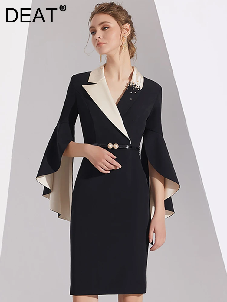 DEAT Women's Fashion Evening Dress Notched Collar Contrast Color Ruffles Sleeve Elegant Party Dresses Autumn 2023 New 13DB3268 
DEAT Women's Fashion Evening Dress Notched Collar Contrast Color Ruffles Sleeve Elegant Party Dresses Autumn 2023 New 13DB3268