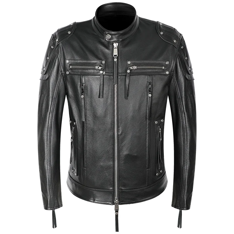 

Мужская мотоциклетная куртка BONJEAN, черная приталенная куртка из натуральной воловьей кожи с воротником-стойкой, заклепками и молнией, в сти...