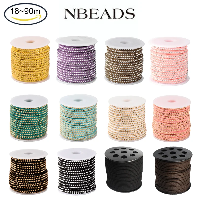 

NBEADS 2.7/3/4mm 18-90m Faux Suede Cord Flat Beading String Aluminum Studded Leather Cord with Golden Rivet