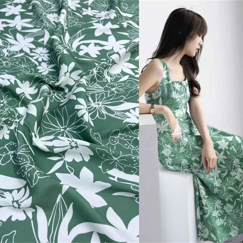 Summer Thin Breathable Green Background White Floral Print Crepe Double Satin Fabric High-end DIY Clothing Natural Silk Fabric
Summer Thin Breathable Green Background White Floral Print Crepe Double Satin Fabric High-end DIY Clothing Natural Silk Fabric