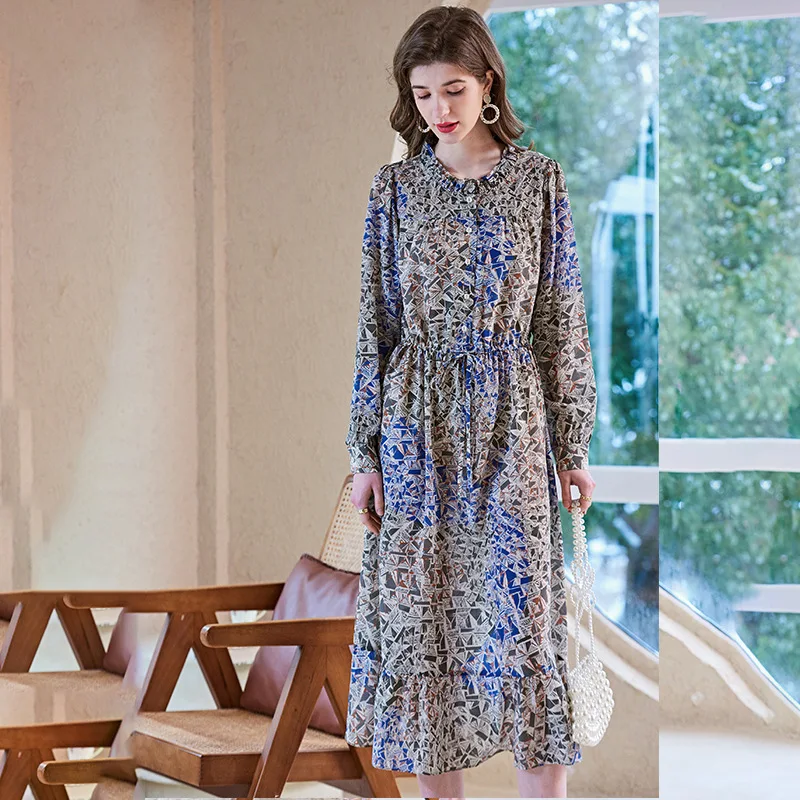 Spring And Summer New Long Sleeved Silk Skirt Women's Wear Fungus Edge Small Stand Collar Contrast Printed Mulberry Silk Dress
Spring And Summer New Long Sleeved Silk Skirt Women's Wear Fungus Edge Small Stand Collar Contrast Printed Mulberry Silk Dress