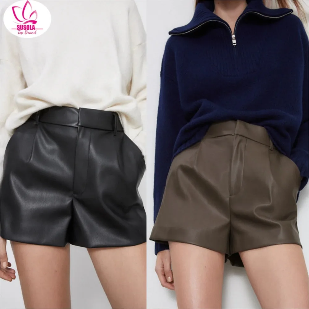 SUSOLA Women Chic Fashion Side Pockets Faux Leather Shorts Vintage High Waist Zipper Fly Female Short Pants Mujer
SUSOLA Women Chic Fashion Side Pockets Faux Leather Shorts Vintage High Waist Zipper Fly Female Short Pants Mujer