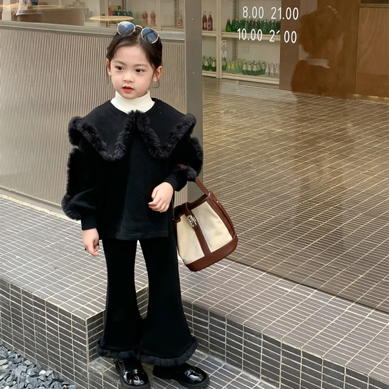 2022 Korean Girls 2pcs Set Thicken Black Knit Rabbit Fur Collar Top Flared Pants Winter Fashion Girls Sets Kids Clothes 2-8 Year
2022 Korean Girls 2pcs Set Thicken Black Knit Rabbit Fur Collar Top Flared Pants Winter Fashion Girls Sets Kids Clothes 2-8 Year