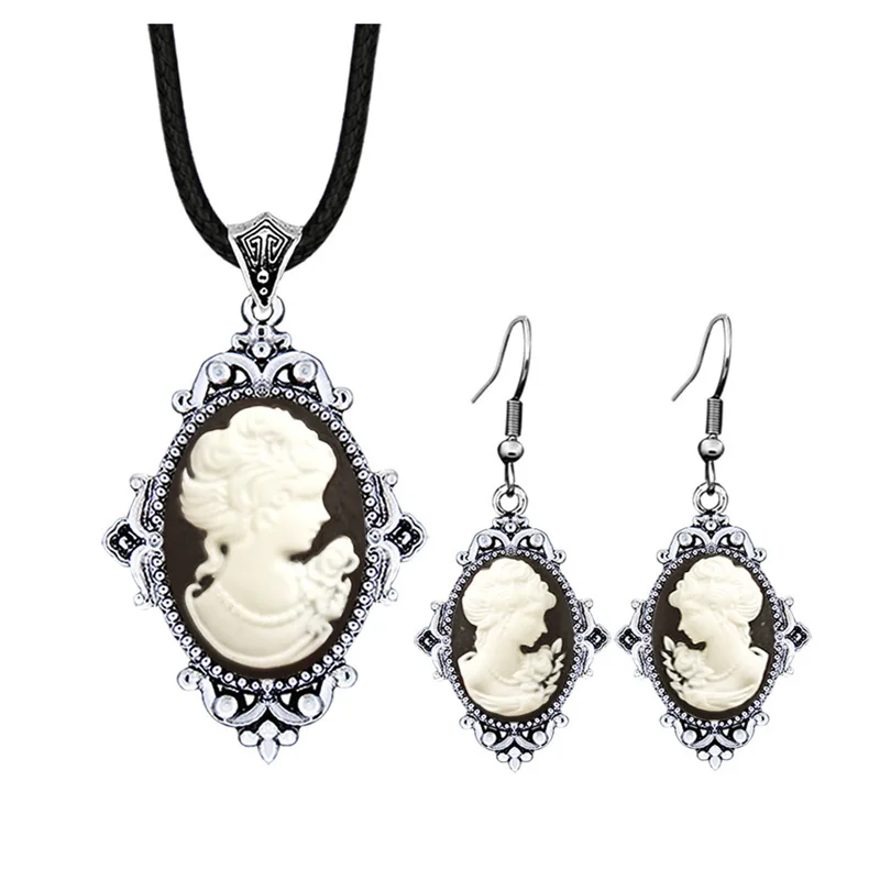 Flower Pendant Lady Queen Cameo Women Jewelry Sets Antique Silver Plated Pink Gray Fashion Flower Cameo Necklace Earring Set 
Flower Pendant Lady Queen Cameo Women Jewelry Sets Antique Silver Plated Pink Gray Fashion Flower Cameo Necklace Earring Set