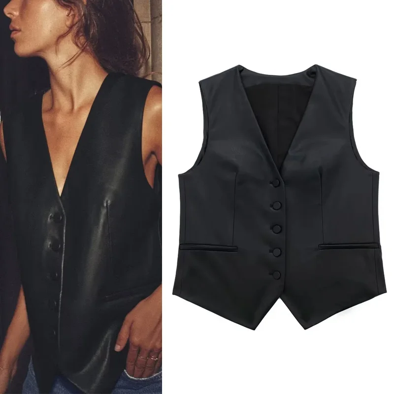 TRAF Stylish Women's Vest 2023 Vintage V-Neck Button Leather Vest Sexy Sleeveless Jacket Women Autumn Black Vest Tops Streetwear 
TRAF Stylish Women's Vest 2023 Vintage V-Neck Button Leather Vest Sexy Sleeveless Jacket Women Autumn Black Vest Tops Streetwear